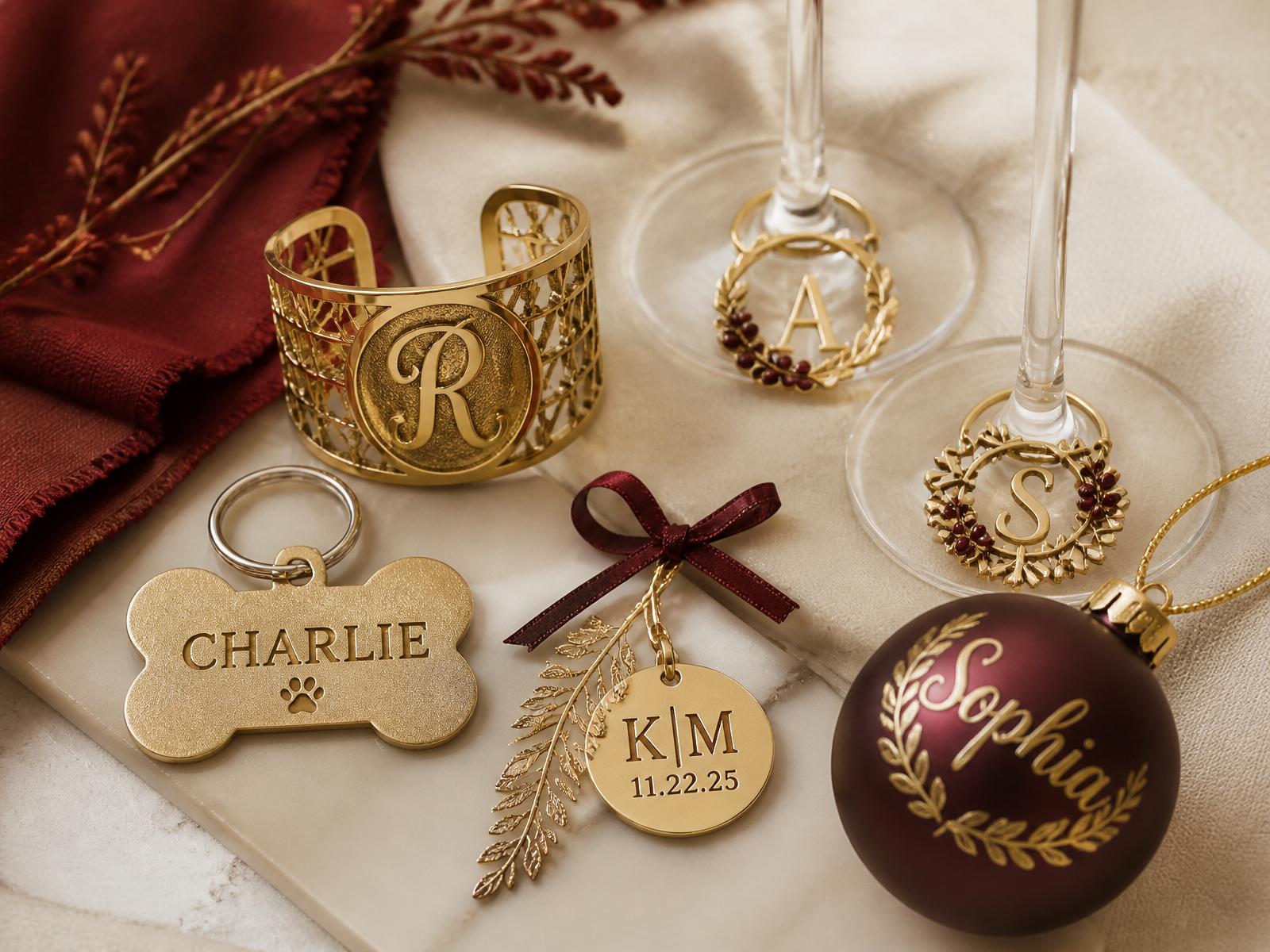 Premium arrangement of personalized 3D-printed products: dog name tag, wine bottle monogram, glass markers and a burgundy Christmas ornament