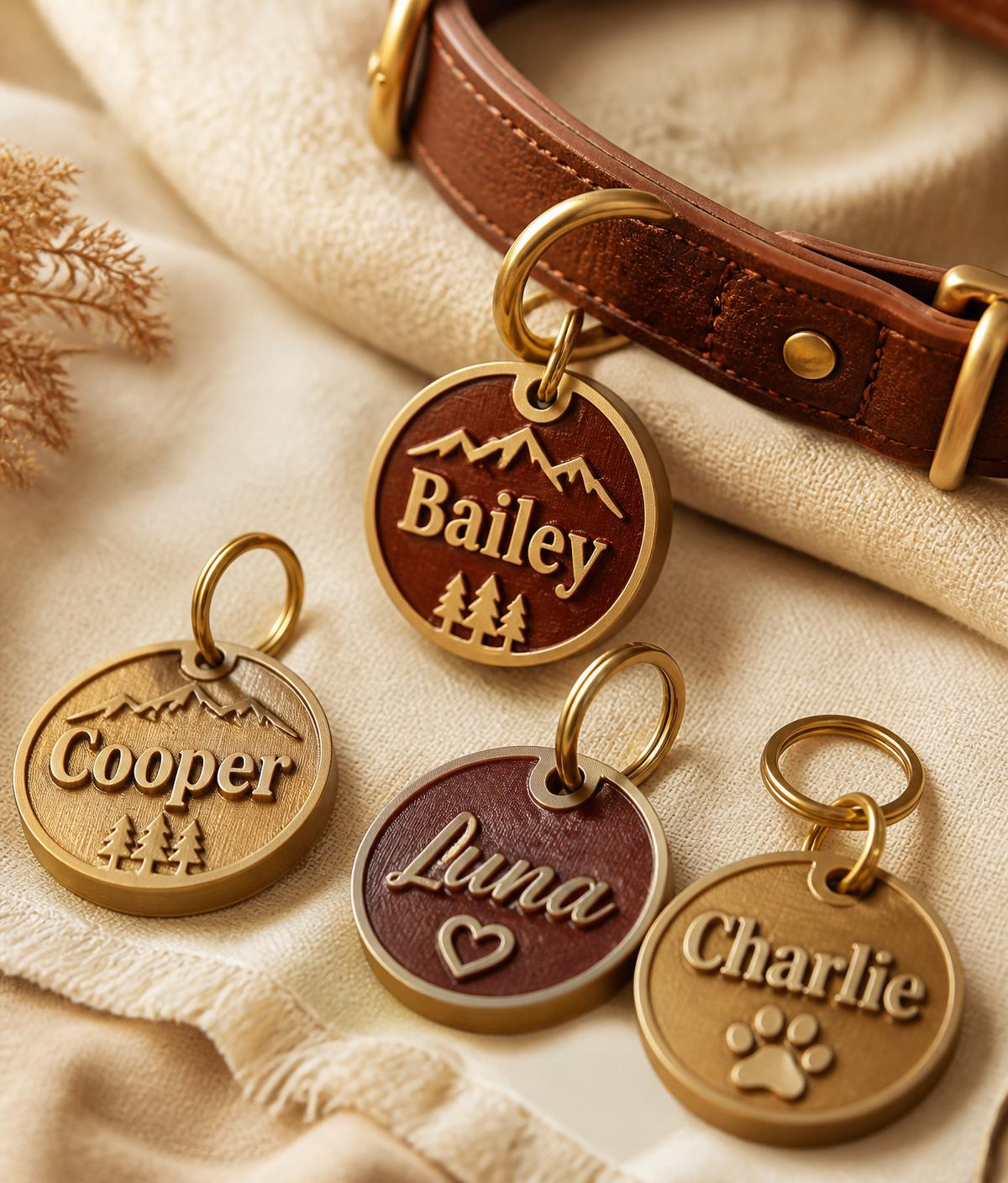 Personalized 3D-printed dog name tags in gold and burgundy on cream linen